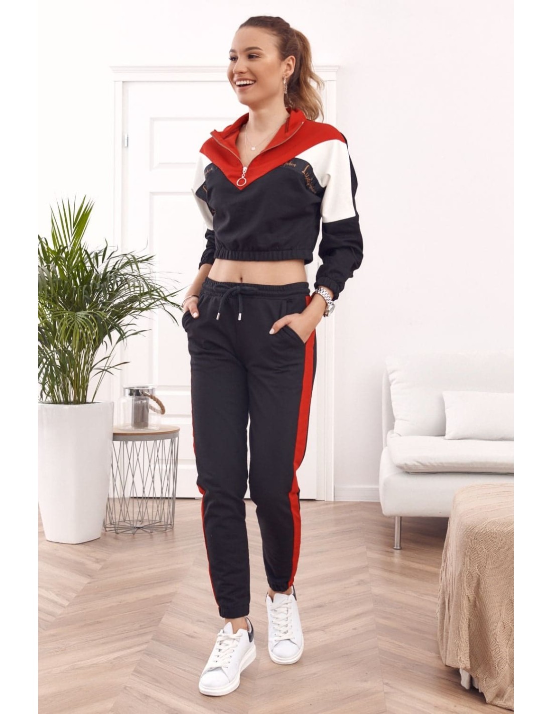 Bequemer Trainingsanzug, Sweatshirt mit Stehkragen und Hose, Rot und Schwarz 01039 - Online-Shop - Boutique